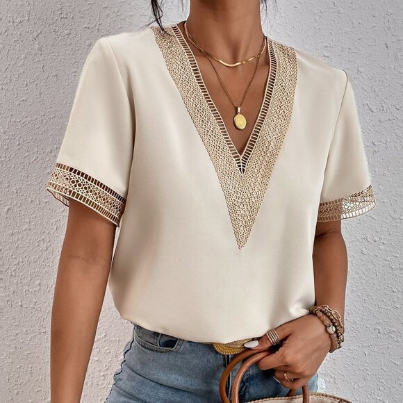 Tops - Apricot Casual Women's Contrast Guipure Lace Blouse